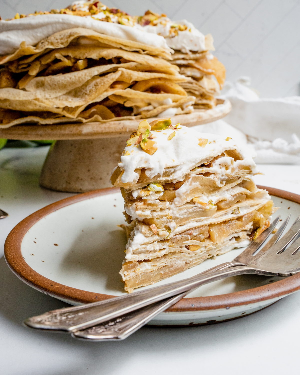 Apple & Honey Crepe Cake with Cardamom and Pistachios