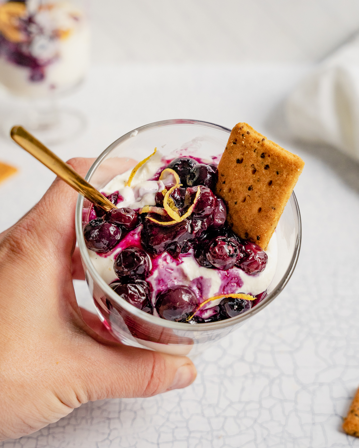 High Protein Breakfast Cheesecake Cups with Roasted Blueberries